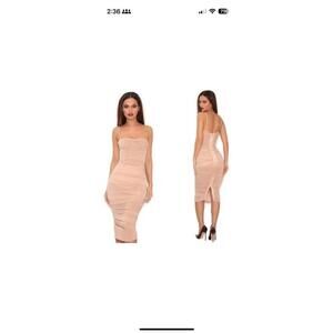 House of CB Nude Corset Ruched Midi Sheer Chiffon Dress S